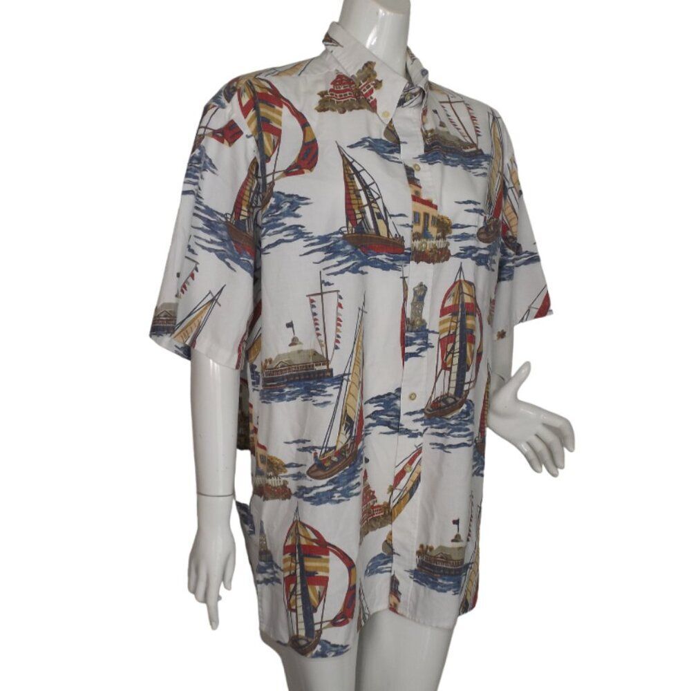 REYN SPOONER Hawaiian Shirt, XXL, White/Multicolor Sailboats, Cotton, Short slv - Picture 3 of 10